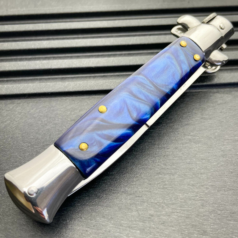 8.75" Italian Stiletto Switch Blade Pocket Knife Blue - BLADE ADDICT