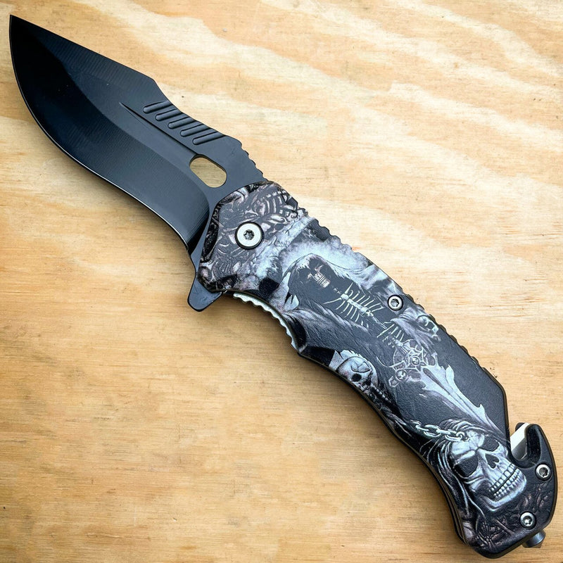 Military TACTICAL Assisted Open Pocket Folding Skull Rescue Knife Blade - BLADE ADDICT