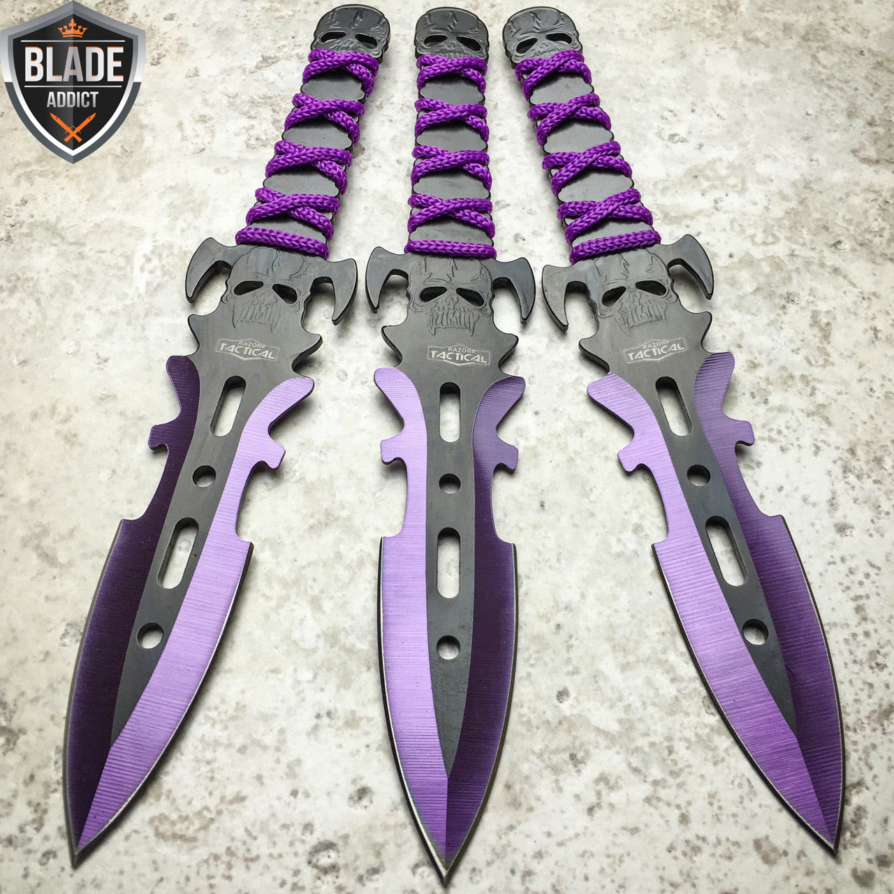 3 Pcs 7.5 Purple Tactical Skull Kunai Throwing Knife Blade