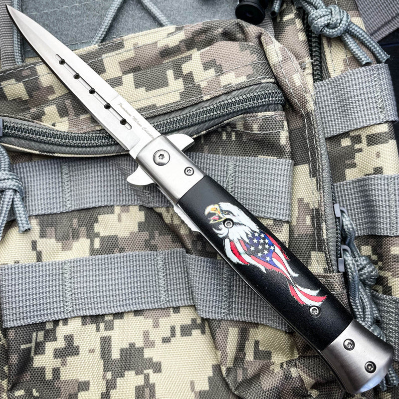 9" Eagle American USA Flag Tactical Spring Assisted Folding Pocket Knife Blade - BLADE ADDICT