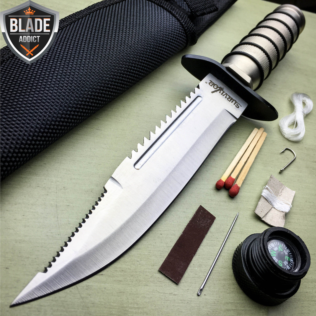 12 Tactical Camping Hunting Rambo Fixed Blade Knife Chrome Bowie +  Survival KIT - MEGAKNIFE