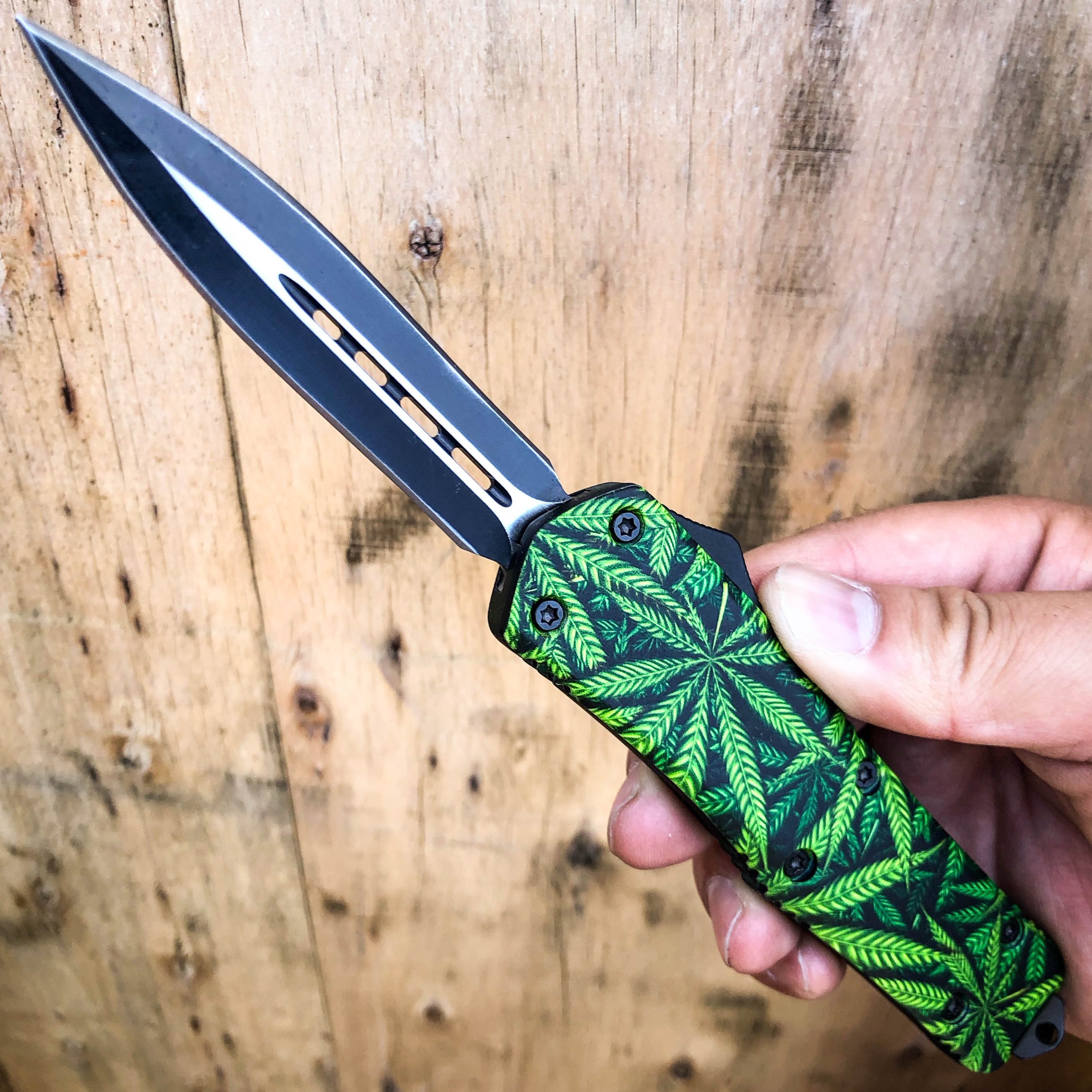 Cannabis Marijuana Leaf OTF Knife | MEGAKNIFE WHOLESALE