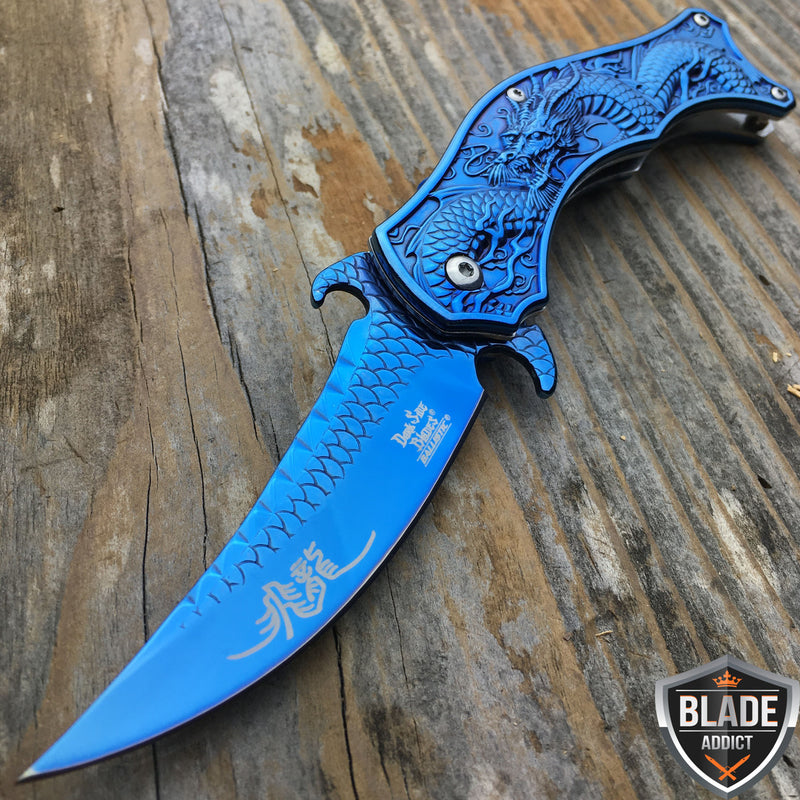 8" DRAGON BLUE TACTICAL Spring Assisted Open Blade FOLDING POCKET KNIFE Fade