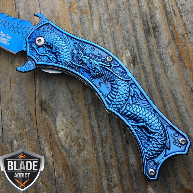 8" DRAGON BLUE TACTICAL Spring Assisted Open Blade FOLDING POCKET KNIFE Fade