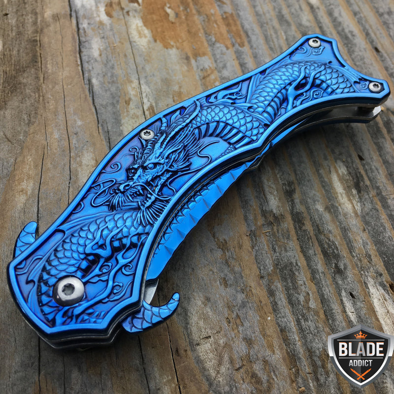 8" DRAGON BLUE TACTICAL Spring Assisted Open Blade FOLDING POCKET KNIFE Fade