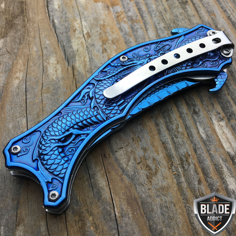 8" DRAGON BLUE TACTICAL Spring Assisted Open Blade FOLDING POCKET KNIFE Fade