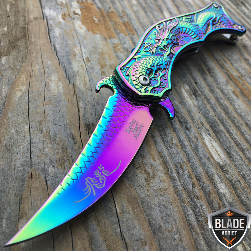 8" DRAGON RAINBOW TACTICAL Spring Assisted Open Blade FOLDING POCKET KNIFE Fade