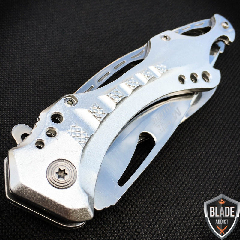 8" MEGAKNIFE SILVER CHROME SPRING ASSISTED OPEN Tactical POCKET KNIFE Bottle Opener