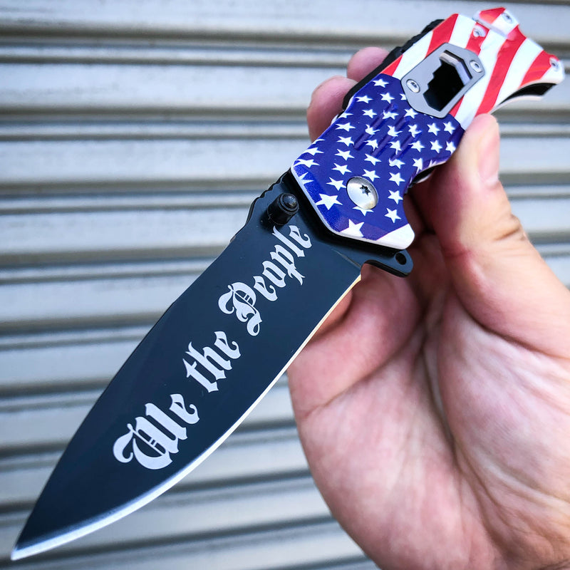 8" AMERICAN FLAG Knife USA Tactical Spring OPEN Assisted Folding Pocket Rescue Knife Multi Tool