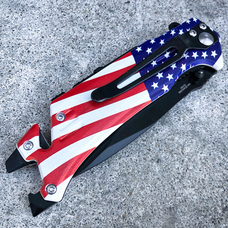 8" AMERICAN FLAG Knife USA Tactical Spring OPEN Assisted Folding Pocket Rescue Knife Multi Tool