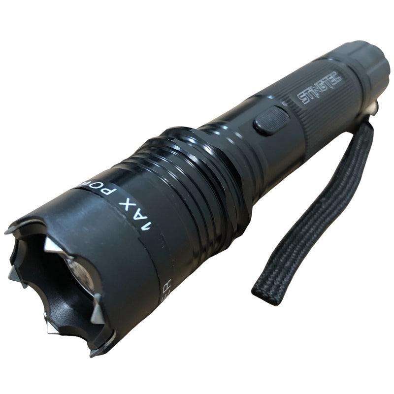 STINGTEC BLACK METAL Stun Gun MAX POWER Rechargeable LED Flashlight w/ Case