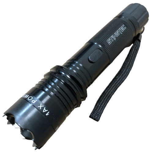 STINGTEC BLACK METAL Stun Gun MAX POWER Rechargeable LED Flashlight w/ Case