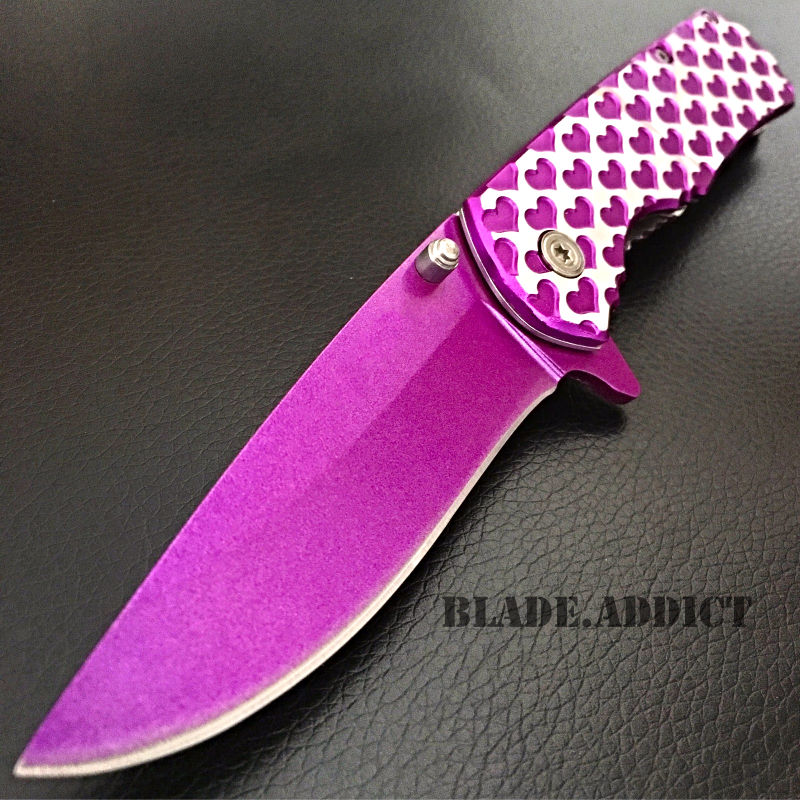 8" Ladies Purple HEART TACTICAL Combat Spring Assisted Open Folding Pocket Knife