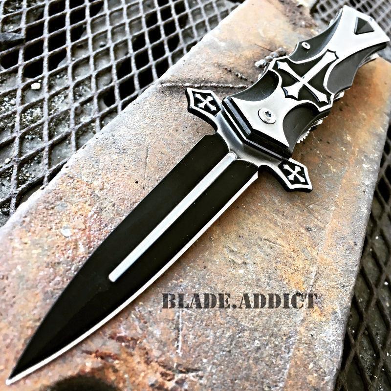 MEGAKNIFE Spring Assisted Open CELTIC CROSS Folding Blade STILETTO Pocket Knife BK