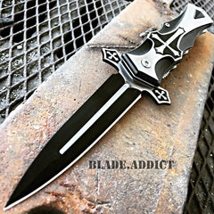 MEGAKNIFE Spring Assisted Open CELTIC CROSS Folding Blade STILETTO Pocket Knife BK