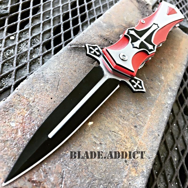 MEGAKNIFE Spring Assisted Open CELTIC CROSS Folding Blade STILETTO Pocket Knife