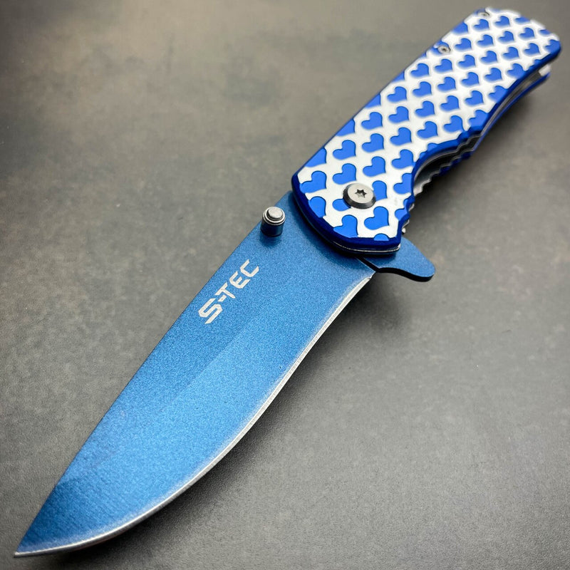 8" HEARTS TACTICAL Combat Spring Assisted Open Folding Pocket Knife BLUE Tool - BLADE ADDICT