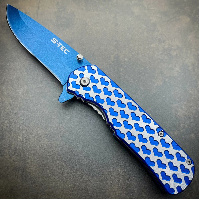 8" HEARTS TACTICAL Combat Spring Assisted Open Folding Pocket Knife BLUE Tool - BLADE ADDICT