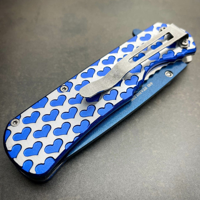 8" HEARTS TACTICAL Combat Spring Assisted Open Folding Pocket Knife BLUE Tool - BLADE ADDICT