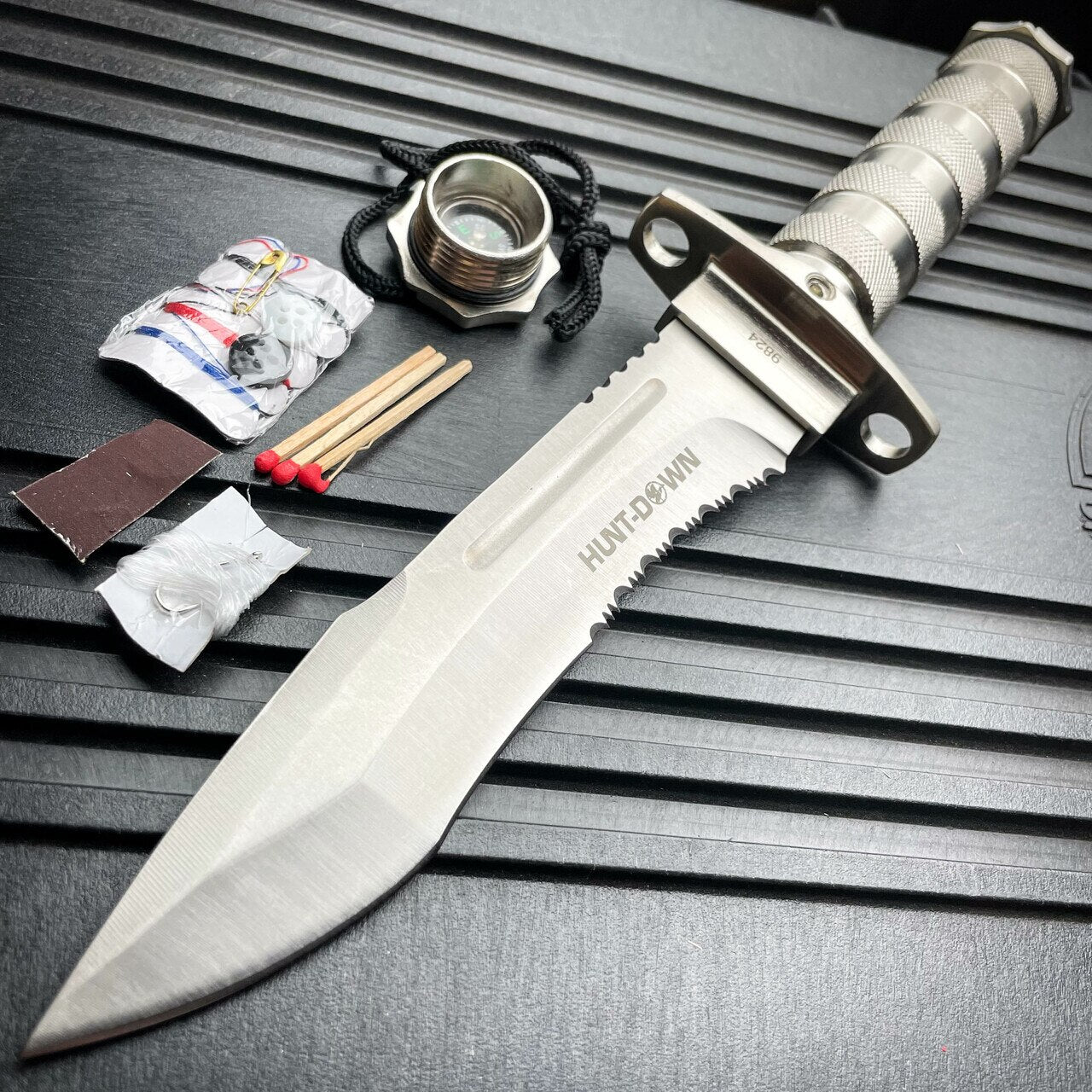 12 Tactical Camping Hunting Rambo Fixed Blade Knife Chrome Bowie + Survival  KIT - MEGAKNIFE