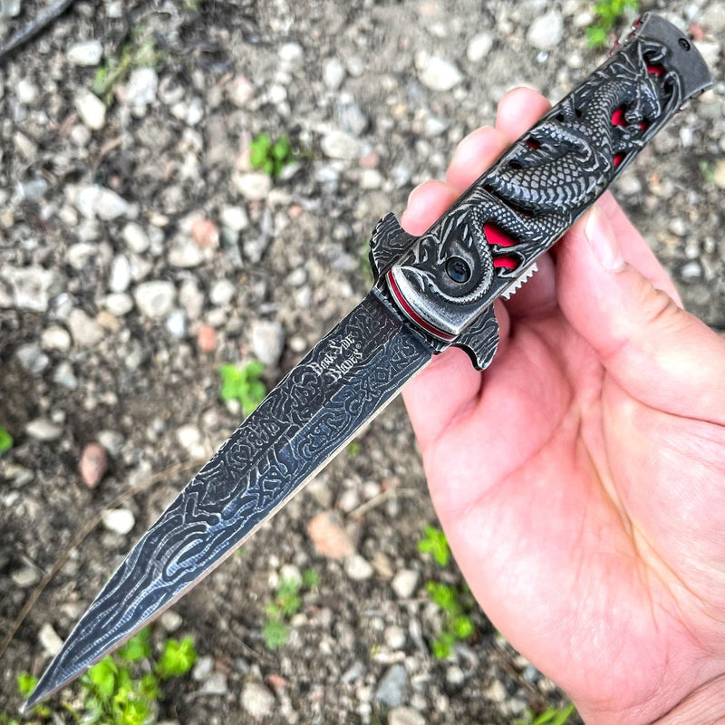 8.75" DRAGON Stiletto Spring Assisted Etch Blade FOLDING POCKET KNIFE Stonewash Red - BLADE ADDICT