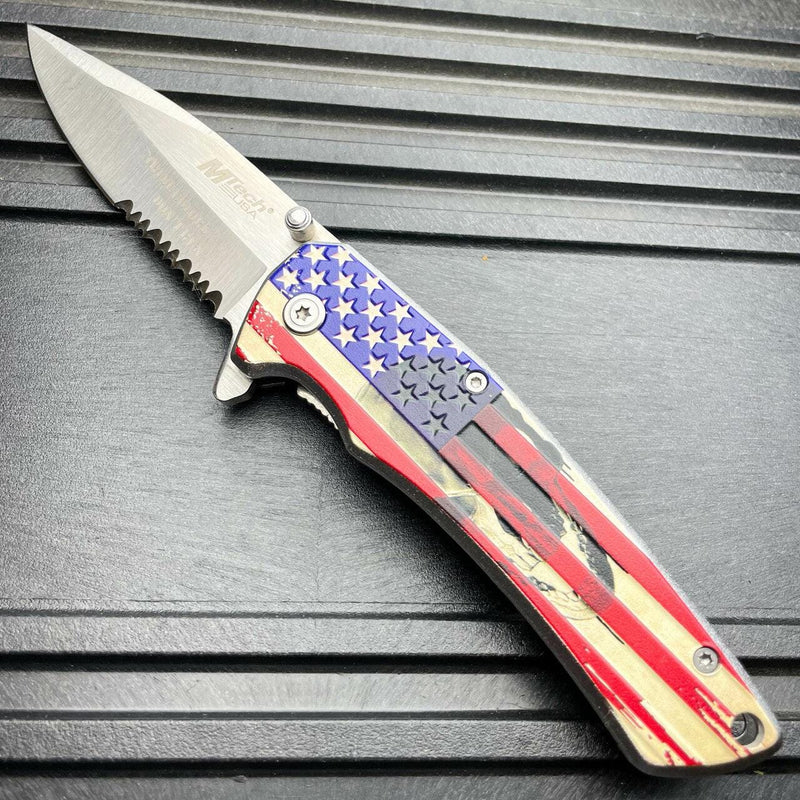 8" MTECH USA Skull American Flag Spring Assisted PATRIOT Folding Pocket Knife - BLADE ADDICT