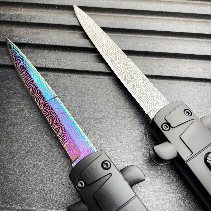 9" Italian Stiletto Style OTF Knife Damascus Etch - BLADE ADDICT