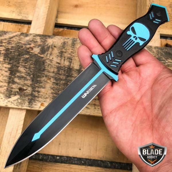 9.5" Tactical FIXED BLADE Full Tang Hunting Skull Dagger Boot Knife w/ Sheath Blue - BLADE ADDICT