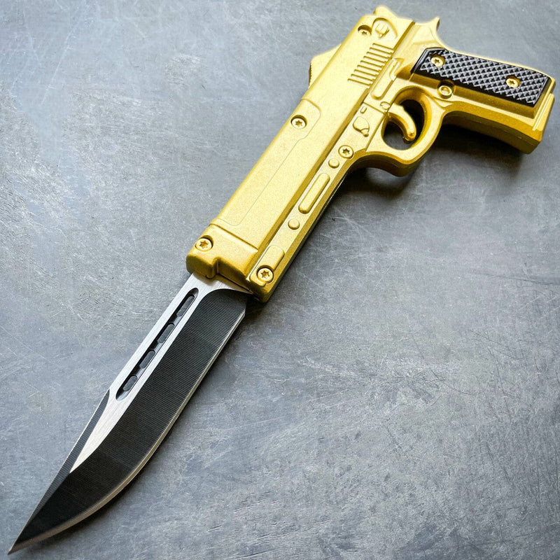 Pistol Style OTF Auto Knife Gold - BLADE ADDICT