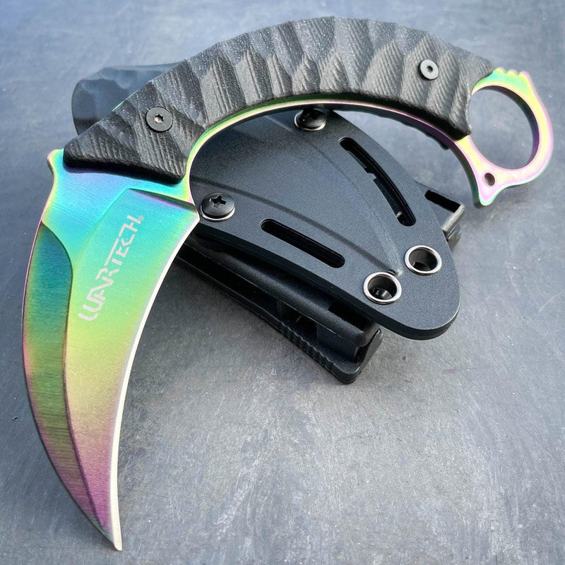 8" Military Survival Karambit Fixed Blade Camping Combat Knife w Hard Sheath Rainbow - BLADE ADDICT