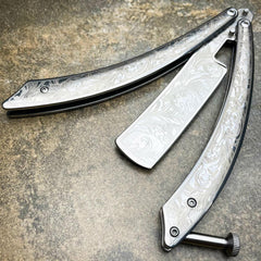 The Barber Balisong Butterfly Knife Straight Razor Silver - BLADE ADDICT