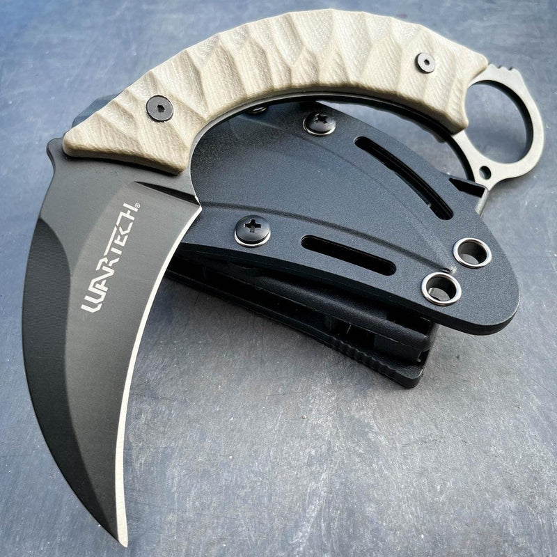 8" Military Survival Karambit Fixed Blade Camping Combat Knife w Hard Sheath Tan - BLADE ADDICT