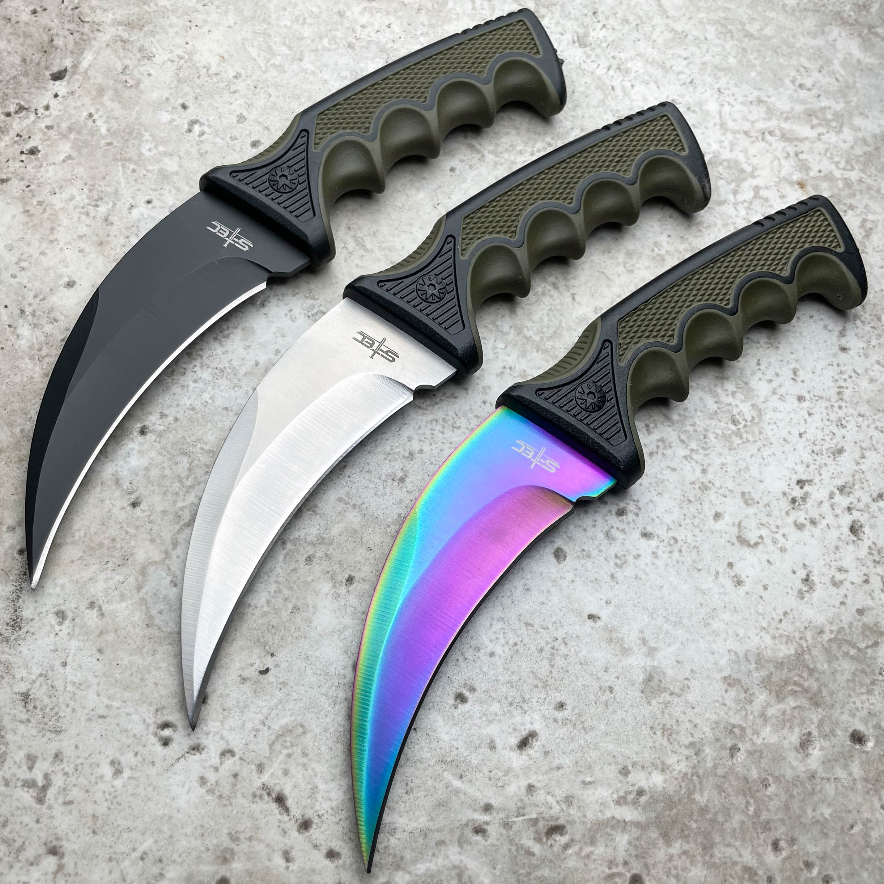 3 PC Rainbow Fade Tactical Hunting Fixed Blade Knife Karambit Set Wrench  Tool - MEGAKNIFE