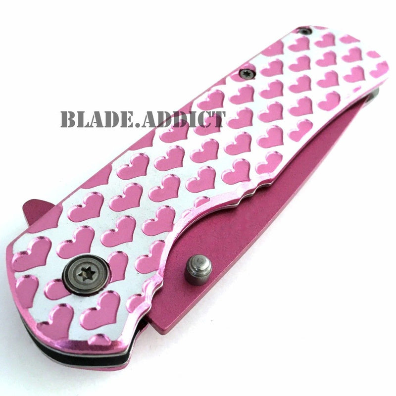 8" Ladies Pink HEARTS TACTICAL Combat Spring Assisted Open Pocket Knife Women