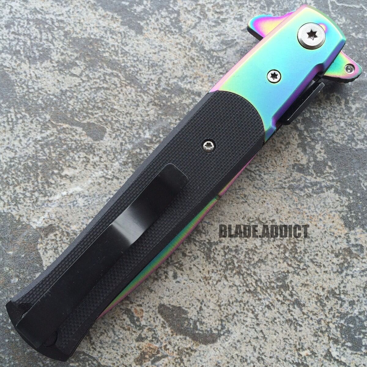 9 TAC-FORCE LARGE RAINBOW STILETTO SPRING ASSISTED FOLDING POCKET KNIFE  Open