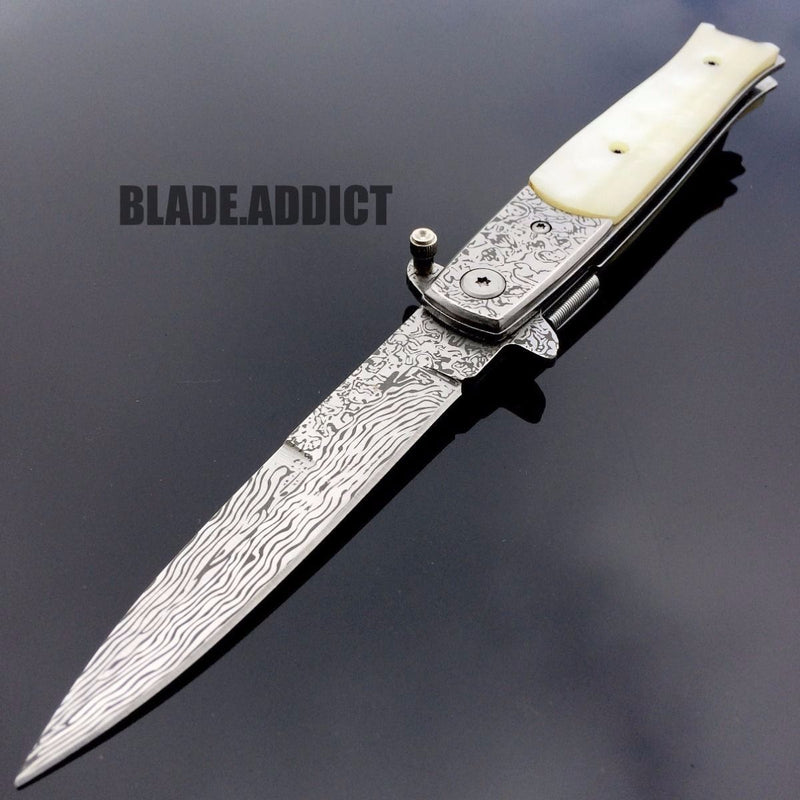 8.5" Damascus Classic Italian Stiletto Spring Assisted Open Pocket Knife Pearl